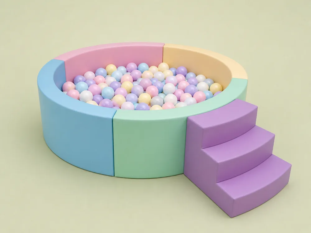 Round pastel ball pit filled with soft play balls